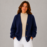 Women's Button-Front Chunky-Knit Ribbed Cardigan in Navy Blue, on model