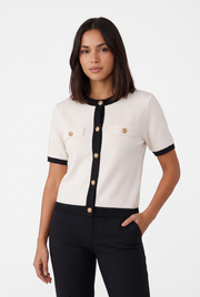 Women's Button-Front Contrast-Trim Pocket Cardigan in White