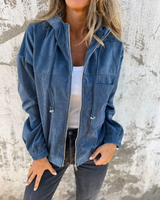 Women's Button-Front Oversized Pocket Cardigan in Blue, on model