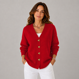 Women's Button-Front Ribbed Oversized Cardigan in Red, on model