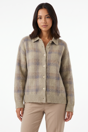 Women's Button-Front Ribbed Oversized Plaid Cardigan in Blue