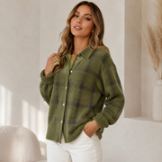 Women's Button-Front Ribbed Oversized Plaid Cardigan in Green