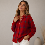 Women's Button-Front Ribbed Oversized Plaid Cardigan in Red, on model