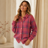 Women's Button-Front Ribbed Oversized Plaid Cardigan in Pink, on model