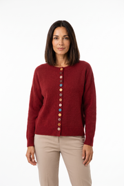 Women's Button-Front Statement-Button Crewneck Cardigan in White