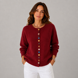 Women's Button-Front Statement-Button Crewneck Cardigan in Red, on model