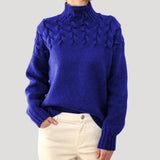 Women's Cable-Knit Twist-Knit Oversized Turtleneck Sweater in Blue, on model