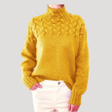 Women's Cable-Knit Twist-Knit Oversized Turtleneck Sweater in Yellow, on model