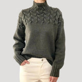 Women's Cable-Knit Twist-Knit Oversized Turtleneck Sweater in Grey, on model