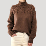 Women's Cable-Knit Twist-Knit Oversized Turtleneck Sweater in Brown, on model