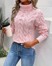 Women's Cable-Knit Chunky-Knit Ribbed Turtleneck Sweater in Pink