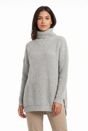 Women's Chunky-Knit Ribbed Longline Turtleneck Sweater in Gray