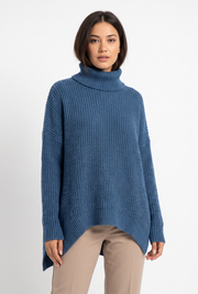 Women's Chunky-Knit Ribbed Oversized Turtleneck Sweater in Ocean Blue