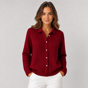Women's Classic Button-Front Knit Cardigan in Wine Red