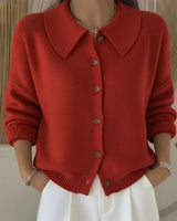 Women's Collared Button-Front Cardigan in Red, on model