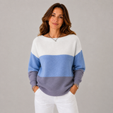 Women's Colorblock Crewneck Ribbed Sweater in Blue, on model