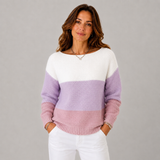 Women's Colorblock Crewneck Ribbed Sweater in Purple, on model