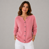 Women's Crewneck Oversized Button-Front Sweater in Pink, on model