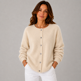 Women's Crewneck Oversized Button-Front Sweater in Beige, on model
