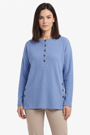 Women's Crewneck Ribbed Oversized Button-Front Sweater in Blue