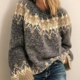 Women's Fair-Isle Crewneck Sweater in Light Gray, on model