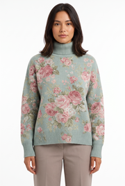 Women's Floral Oversized Turtleneck Sweater in Blue