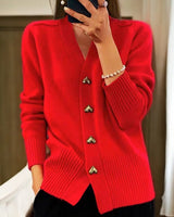 Women's Heart-Button Knit Cardigan in Red, on model