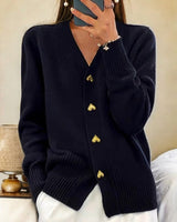 Women's Heart-Button Knit Cardigan in Black, on model