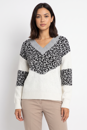Women's Leopard-Print V-Neck Sweater in Grey