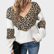 Women's Leopard-Print V-Neck Sweater in Beige