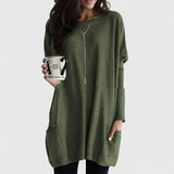 Women's Longline Oversized Pocket Sweater in Olive Green, on model