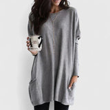 Women's Longline Oversized Pocket Sweater in Gray, on model