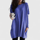 Women's Longline Oversized Pocket Sweater in Blue, on model