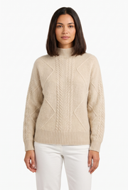 Women's Mock-Neck Cable-Knit Twist-Knit Sweater in Beige