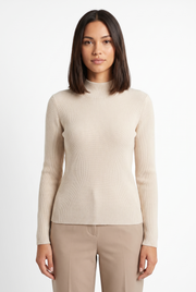 Women's Mock-Neck Ribbed Sweater in Beige