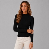 Women's Mock-Neck Ribbed Sweater in Black, on model