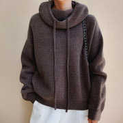 Women's Ribbed Oversized Hooded Knit Hoodie in Brown