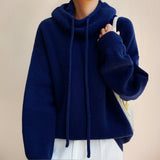 Women's Ribbed Oversized Hooded Knit Hoodie in Blue, on model