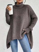 Women's Chunky-Knit Ribbed Oversized Turtleneck Sweater in Espresso Brown, on model