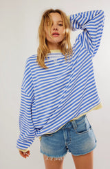 Women's Striped Oversized Sweater in Sky Blue, on model