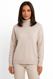 Women's Relaxed Ribbed Turtleneck Sweater in Beige