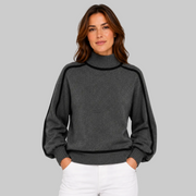 Women's Ribbed Oversized Contrast-Trim Turtleneck Sweater in Gray