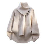 Women's Ribbed Panelled Asymmetric Turtleneck Sweater in Beige, on model