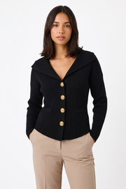Women's Ribbed Slim-Fit Boat-Neck Cardigan in Black