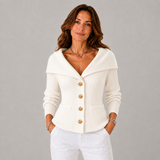 Women's Ribbed Slim-Fit Boat-Neck Cardigan in White, on model