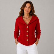 Women's Ribbed Slim-Fit Boat-Neck Cardigan in Red