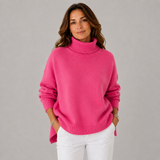Women's Soft High-Neck Knit Sweater in Pink, on model