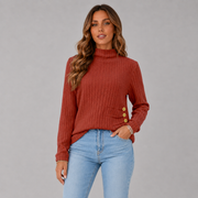Women's Striped Ribbed Button-Front Turtleneck Sweater in Red