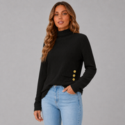 Women's Striped Ribbed Button-Front Turtleneck Sweater in Black