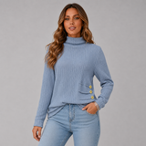 Women's Striped Ribbed Button-Front Turtleneck Sweater in Blue, on model